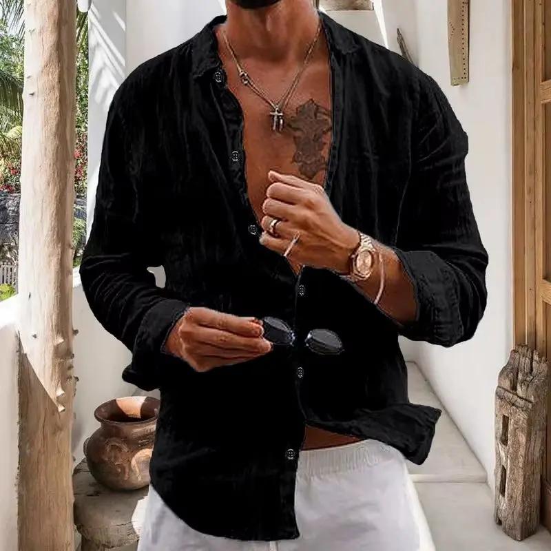 Men's Cotton Casual Lapel Cardigan - Striped Long Sleeve Shirt for Spring and Summer