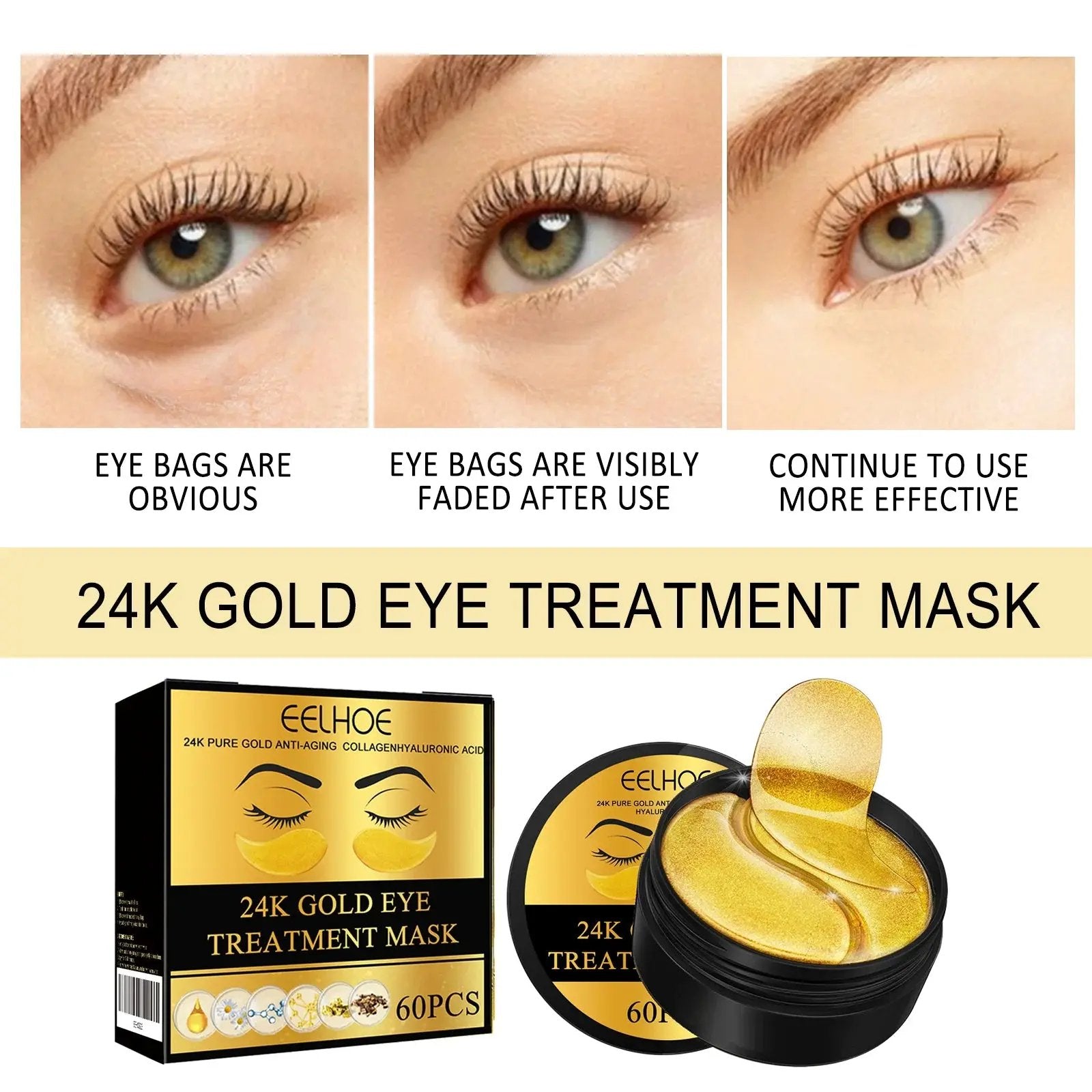 60PCS 24K Gold Eye Masks for Dark Circle Reduction and Eye Bag Treatment - Moisturizing and Firming Eye Patches for Skin Care