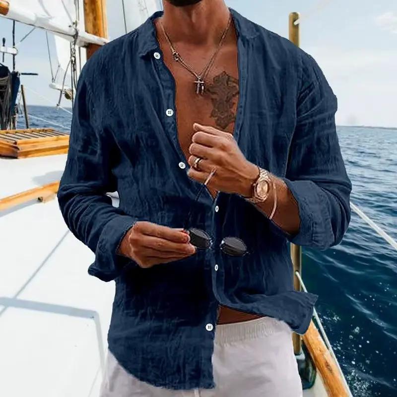 Men's Cotton Casual Lapel Cardigan - Striped Long Sleeve Shirt for Spring and Summer