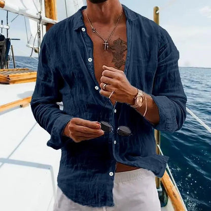 Men's Cotton Casual Lapel Cardigan - Striped Long Sleeve Shirt for Spring and Summer