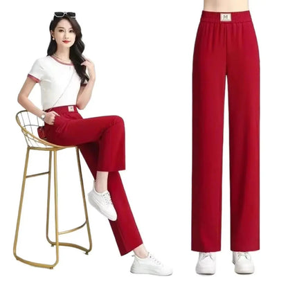 2025 High-Waist Wide-Leg Red Trousers for Women - Lightweight, Drapey Summer Casual Pants with Comfortable Fit