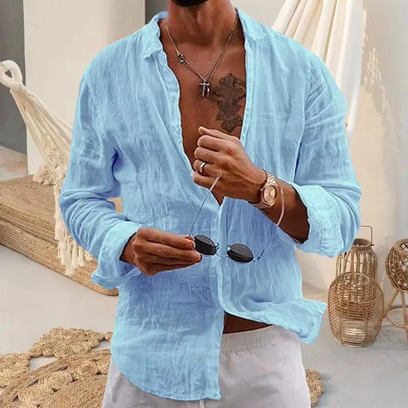 Men's Cotton Casual Lapel Cardigan - Striped Long Sleeve Shirt for Spring and Summer