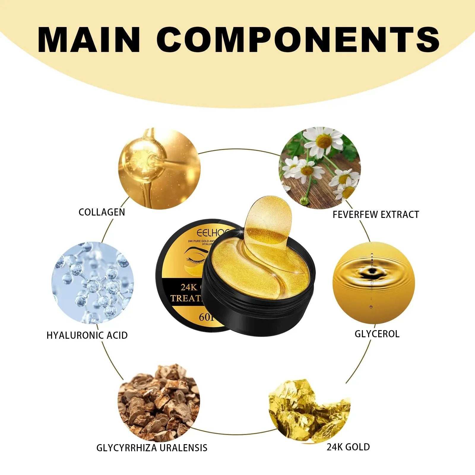 60PCS 24K Gold Eye Masks for Dark Circle Reduction and Eye Bag Treatment - Moisturizing and Firming Eye Patches for Skin Care