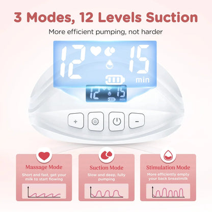 Wearable Hands-Free Electric Breast Pump - BPA-Free with LED Display, 3 Modes, and 12 Levels of Comfort