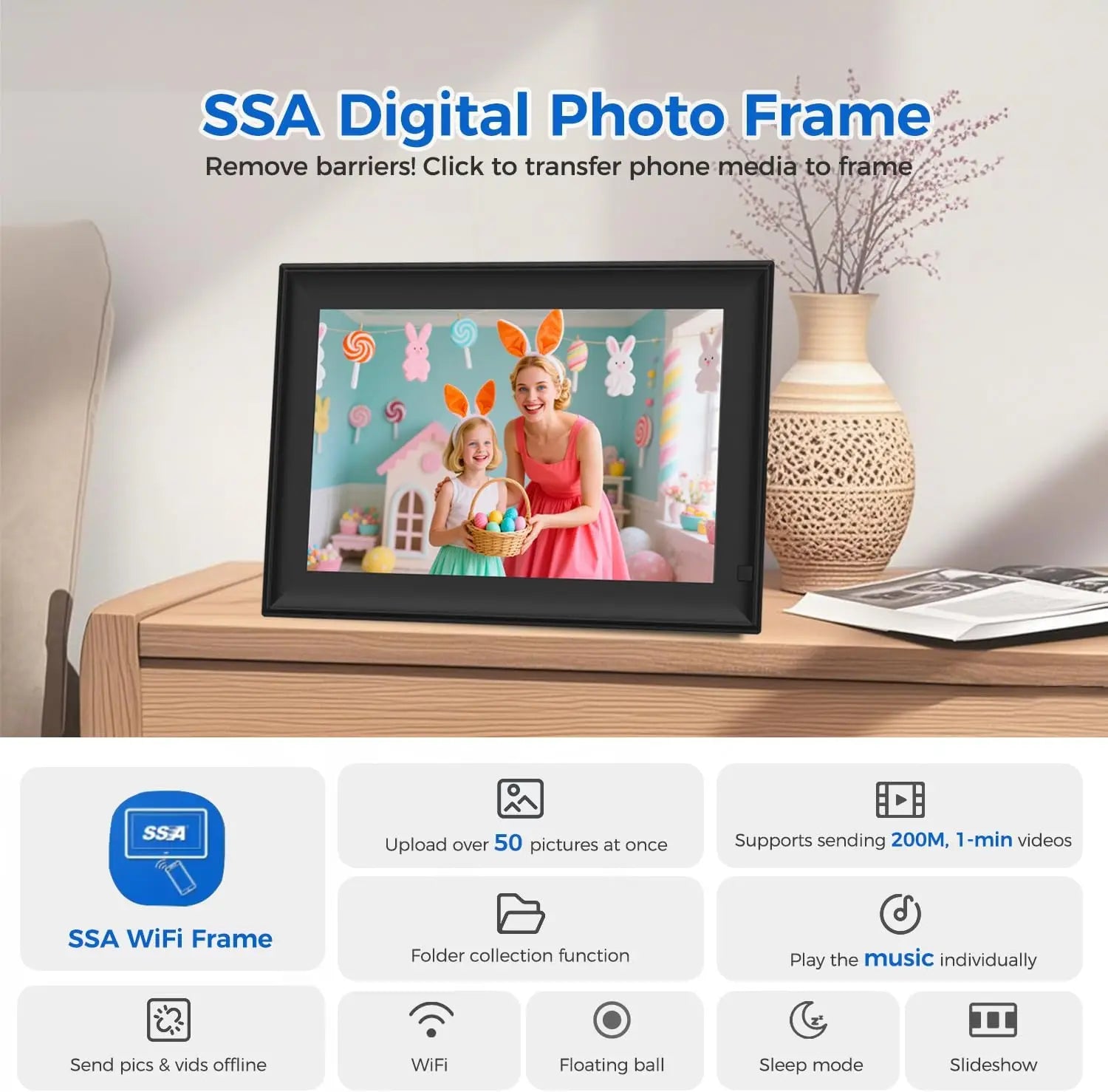 SSA 10.1-Inch Digital Picture Frame with 32GB Storage, WiFi Connectivity, IPS Touch Screen, and Auto-Rotate Feature