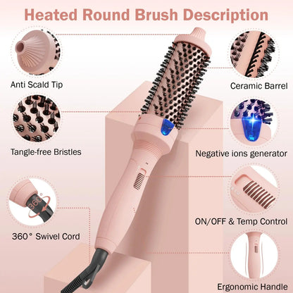 1.5-Inch Negative Ion Heated Round Brush for Professional Blowout Styling and Versatile Curling and Straightening - Ideal for Travel