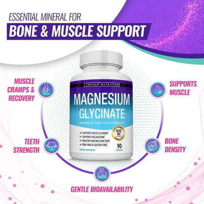Magnesium Glycinate Complex for Enhanced Absorption, Promoting Muscle Relaxation and Recovery, Maximum Bioavailability, 90 Capsules