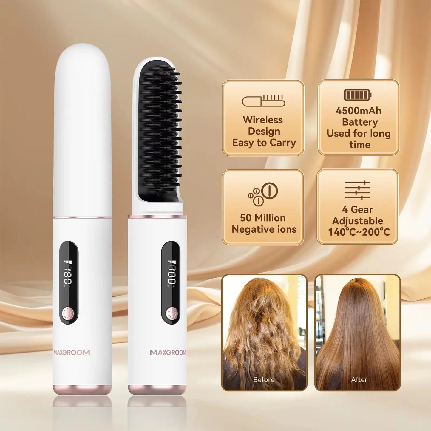 Cordless Ionic Hair Straightener and Beard Brush - Fast Heating Multifunctional Wireless Hot Comb