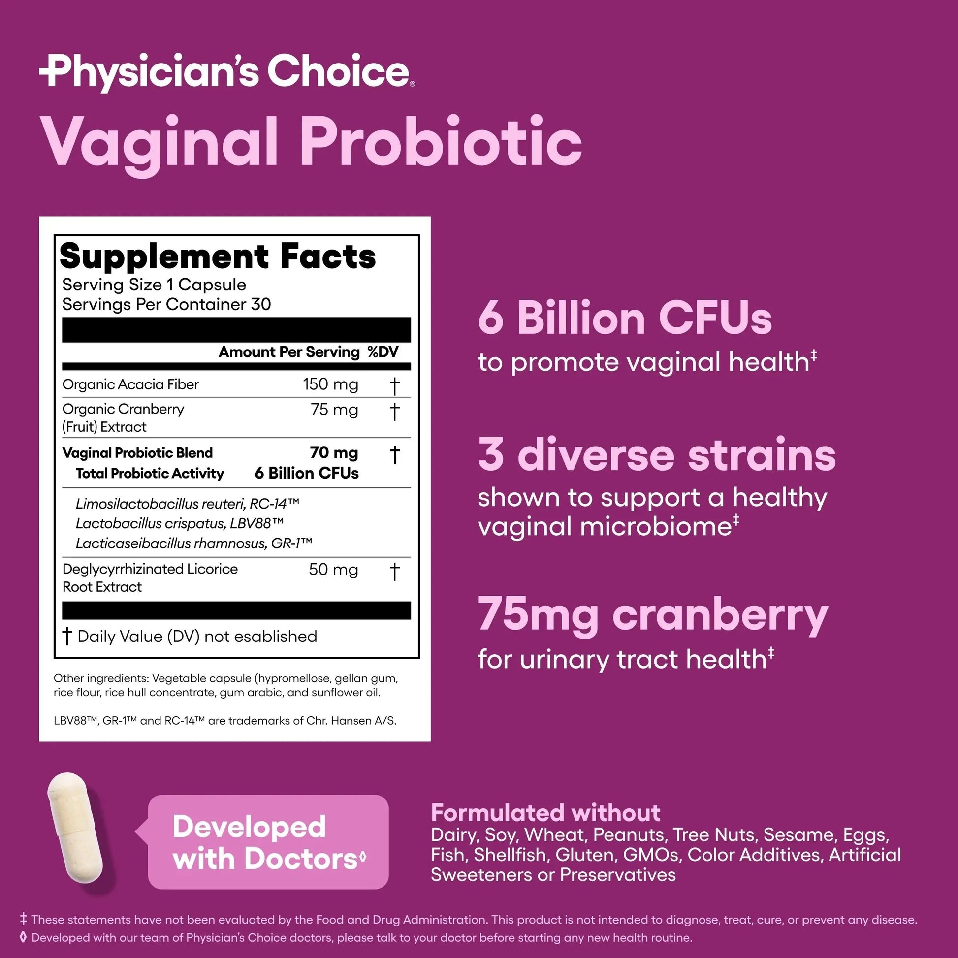 Physician's Choice Women's Vaginal Probiotic – 6 Billion CFU, pH Balance, Odor Control, 30 Capsules