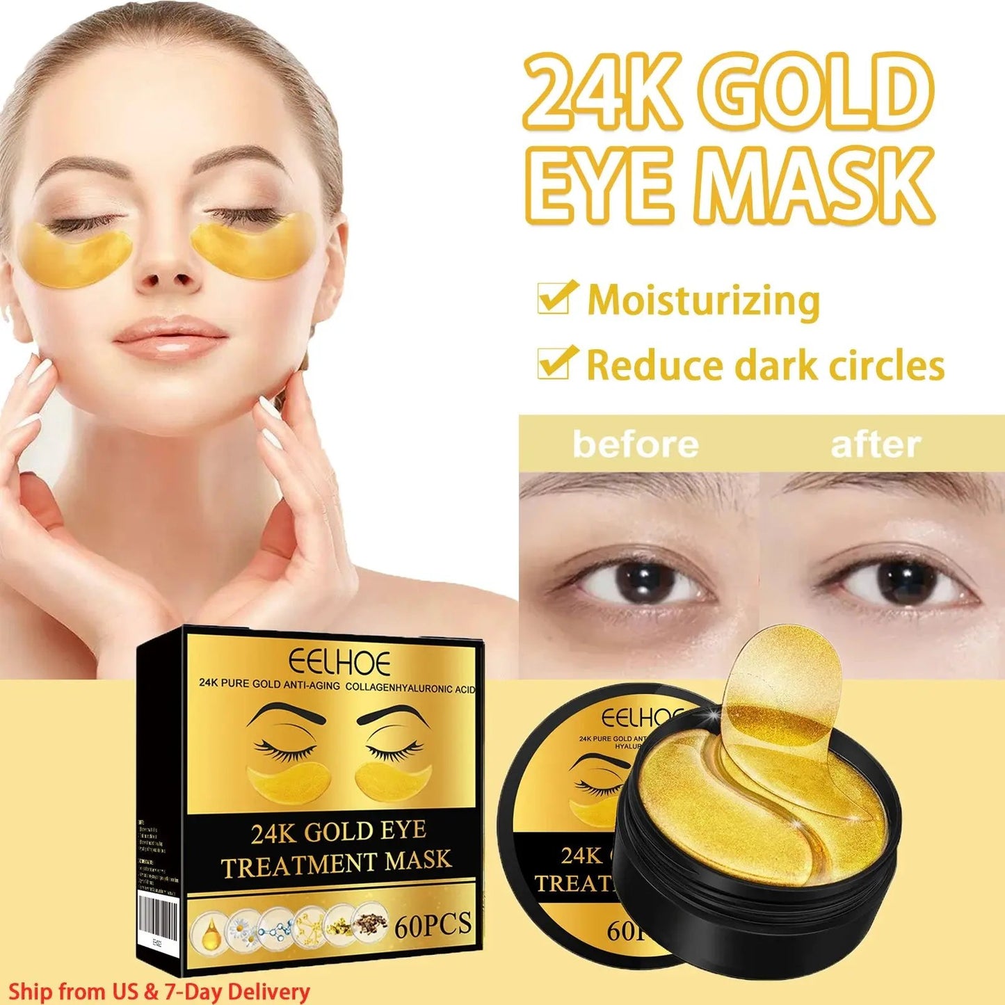 60PCS 24K Gold Eye Masks for Dark Circle Reduction and Eye Bag Treatment - Moisturizing and Firming Eye Patches for Skin Care