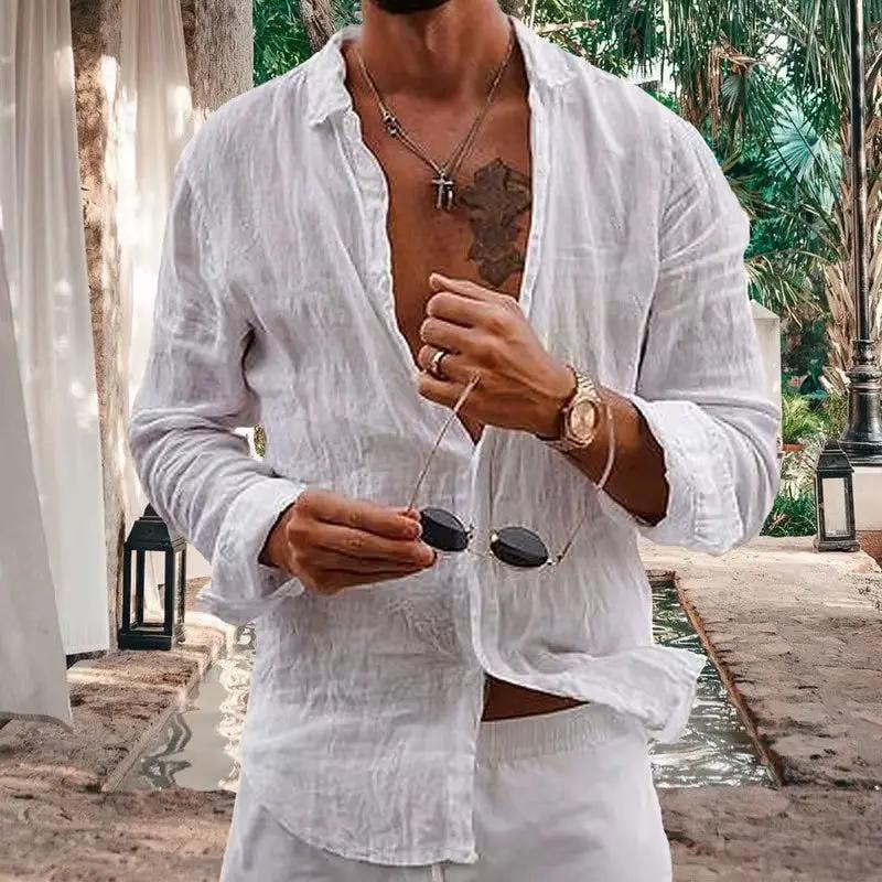 Men's Cotton Casual Lapel Cardigan - Striped Long Sleeve Shirt for Spring and Summer