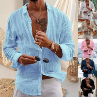 Men's Cotton Casual Lapel Cardigan - Striped Long Sleeve Shirt for Spring and Summer
