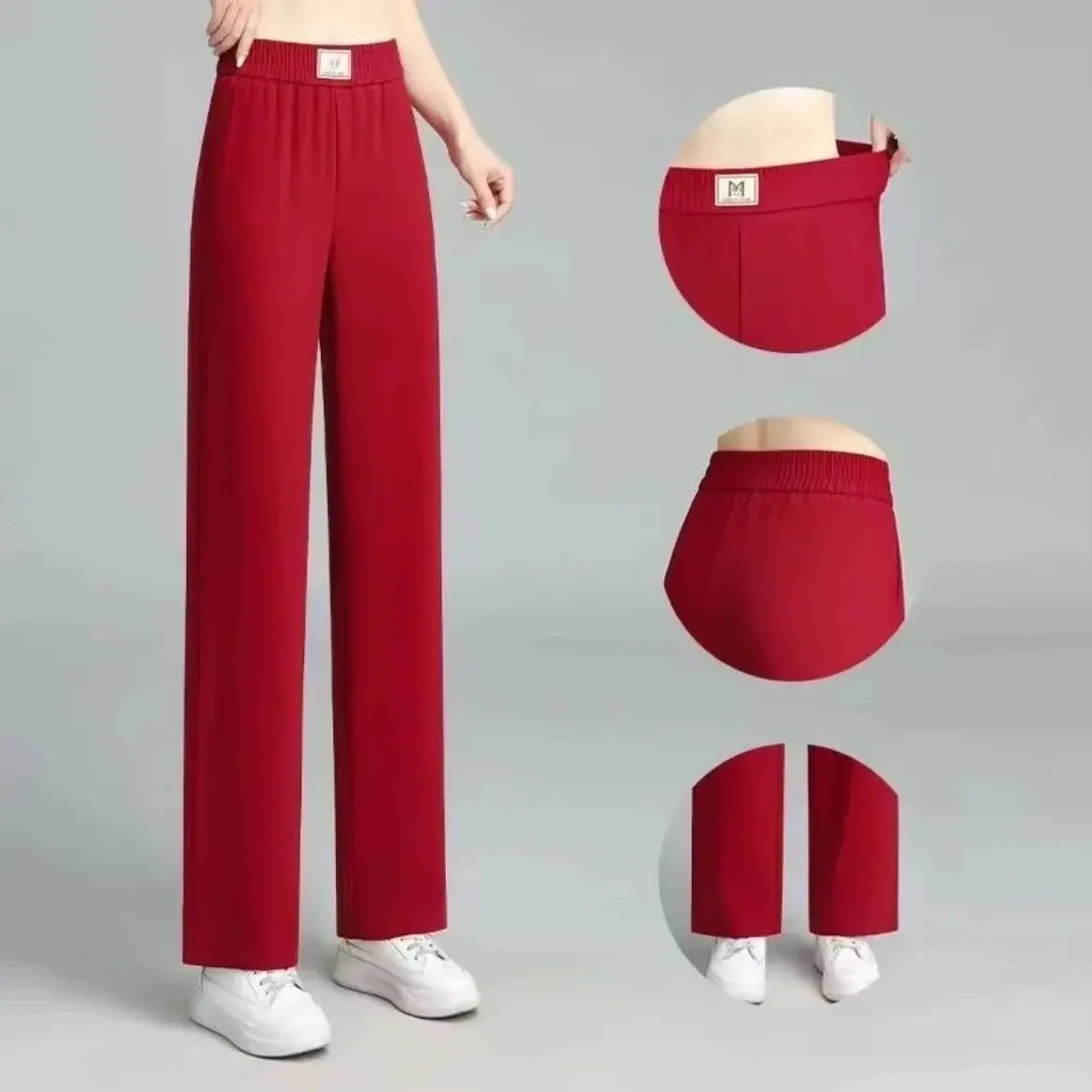 2025 High-Waist Wide-Leg Red Trousers for Women - Lightweight, Drapey Summer Casual Pants with Comfortable Fit