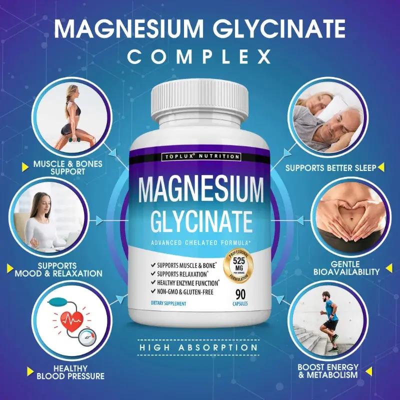 Magnesium Glycinate Complex for Enhanced Absorption, Promoting Muscle Relaxation and Recovery, Maximum Bioavailability, 90 Capsules