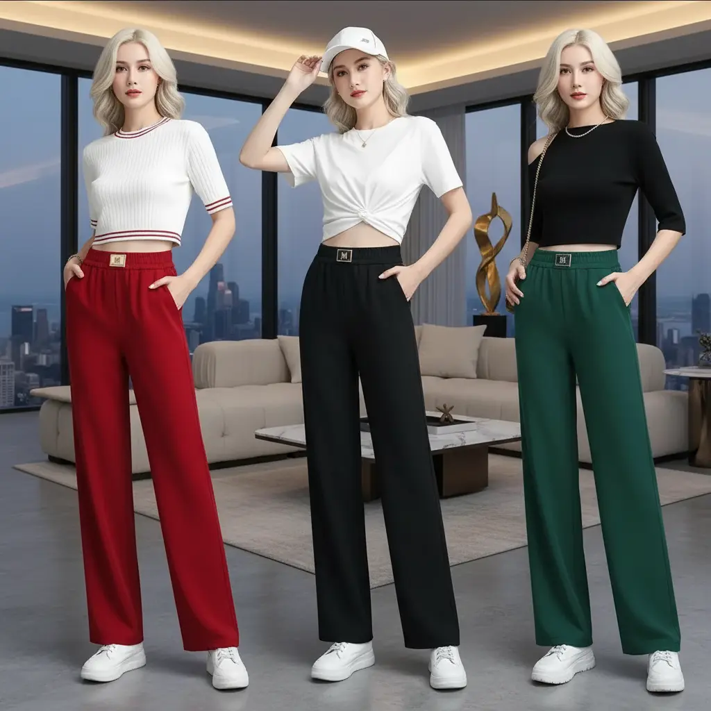 2025 High-Waist Wide-Leg Red Trousers for Women - Lightweight, Drapey Summer Casual Pants with Comfortable Fit GopickMart